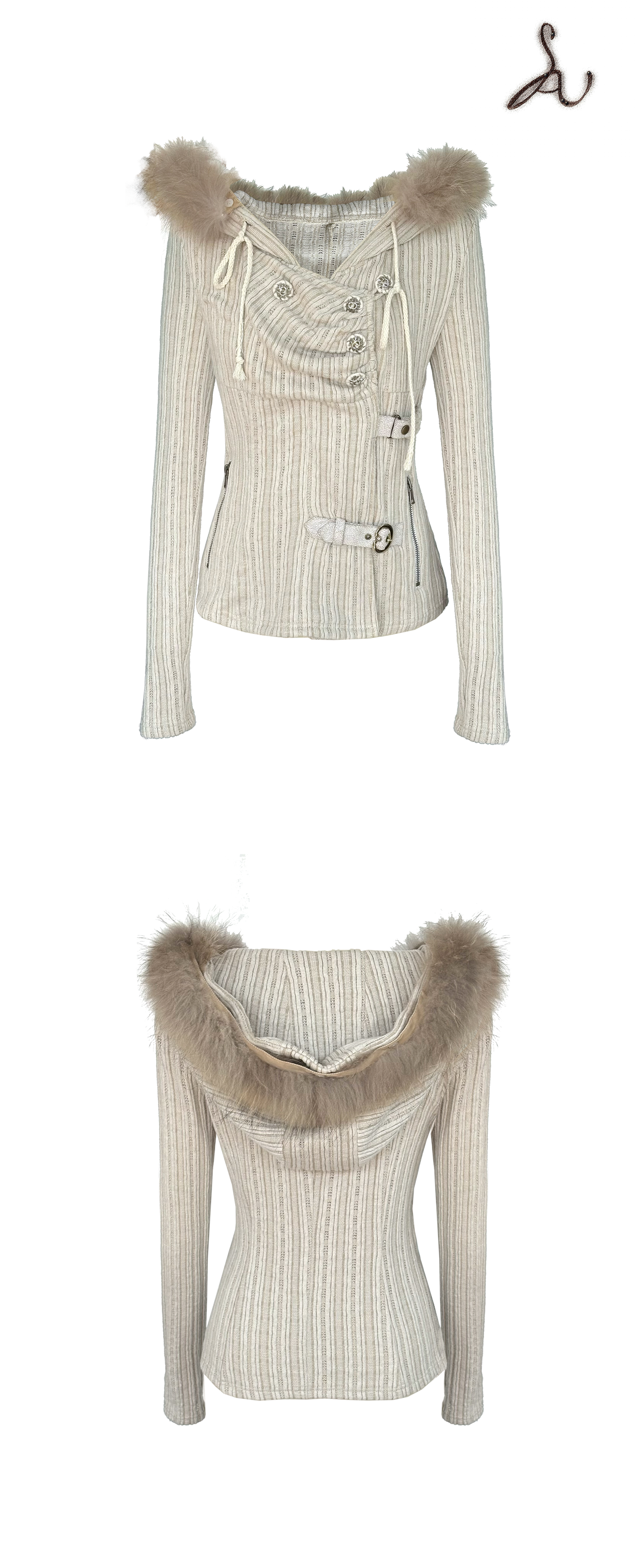 Hooded Stretch Knit Sweater with Fur-Lined Collar