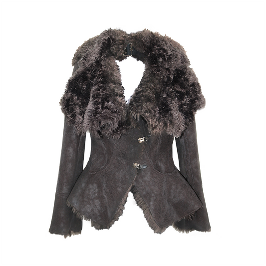 Dark Shearling Leather Jacket with Oversized Fur Collar