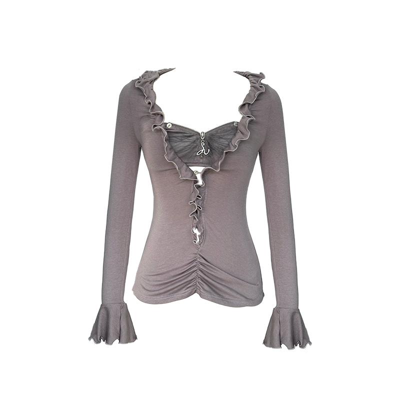 Printed Corset Top and Long-Sleeve Overshirt with Ruffle Collar Two-Piece Set