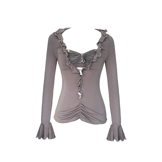 Printed Corset Top and Long-Sleeve Overshirt with Ruffle Collar Two-Piece Set