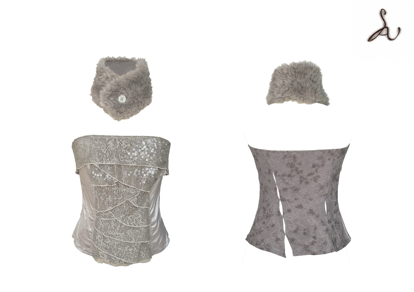 Sequin Lace Knit Top with Multi-Layer Paneling and Attached Scarf